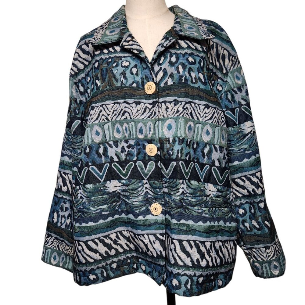 Indigo Moon Size 2X Jacket Tapestry Brocade Blues Boho Tribal Print Art To Wear